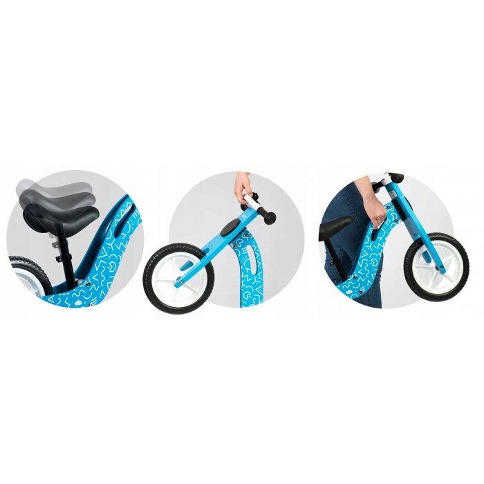 Ricokids Bicicleta copii din lemn fara pedale Albastru 12 inch roti spuma EVA de la 2 ani inaltimea scaunului 33-43 cm manere cauciucate scaun moale din spuma