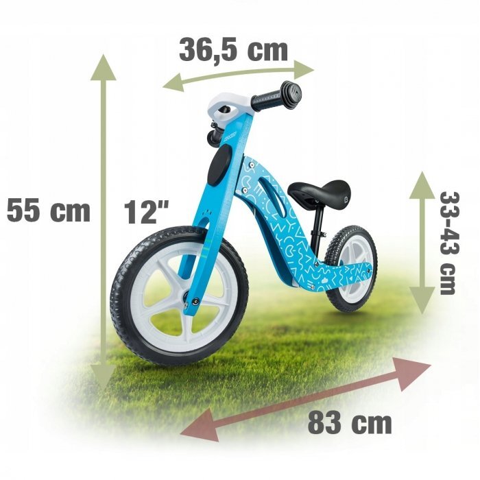 Ricokids Bicicleta copii din lemn fara pedale Albastru 12 inch roti spuma EVA de la 2 ani inaltimea scaunului 33-43 cm manere cauciucate scaun moale din spuma