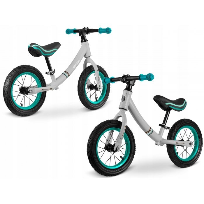 Ricokids Bicicleta copii fara pedale 760100 turcoaz-gri 12 inch scaun moale din spuma si reglabil pe inaltime roti gonflabile manere cauciucate cu opritoare