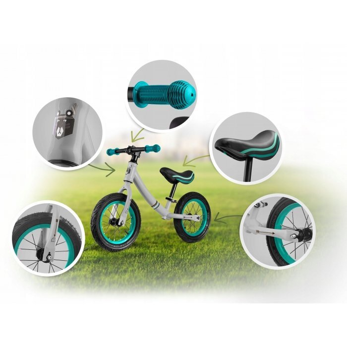 Ricokids Bicicleta copii fara pedale 760100 turcoaz-gri 12 inch scaun moale din spuma si reglabil pe inaltime roti gonflabile manere cauciucate cu opritoare