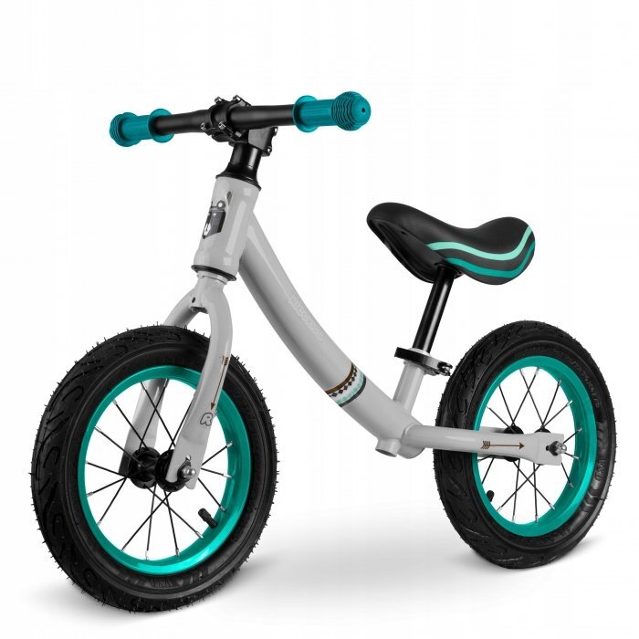 Ricokids Bicicleta copii fara pedale 760100 turcoaz-gri 12 inch scaun moale din spuma si reglabil pe inaltime roti gonflabile manere cauciucate cu opritoare