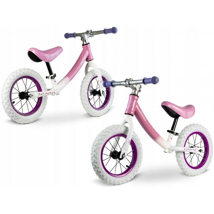Ricokids Bicicleta copii fara pedale 760102 alb - roz 12 inch scaun moale din spuma si reglabil pe inaltime roti gonflabile manere cauciucate cu opritoare