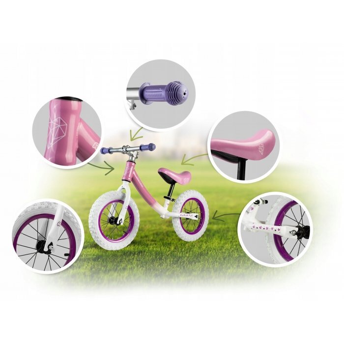 Ricokids Bicicleta copii fara pedale 760102 alb - roz 12 inch scaun moale din spuma si reglabil pe inaltime roti gonflabile manere cauciucate cu opritoare