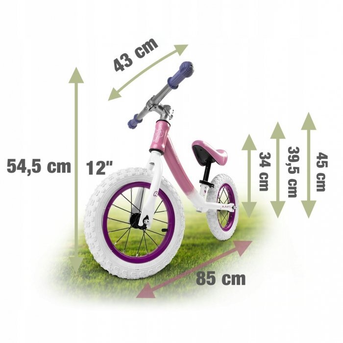 Ricokids Bicicleta copii fara pedale 760102 alb - roz 12 inch scaun moale din spuma si reglabil pe inaltime roti gonflabile manere cauciucate cu opritoare