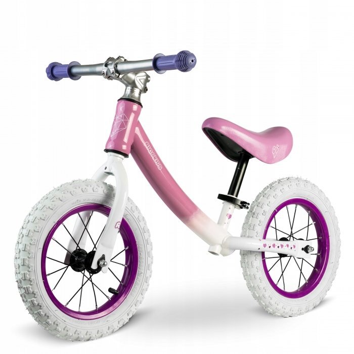 Ricokids Bicicleta copii fara pedale 760102 alb - roz 12 inch scaun moale din spuma si reglabil pe inaltime roti gonflabile manere cauciucate cu opritoare