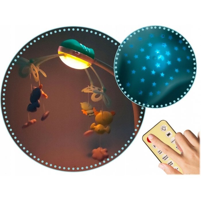 Ricokids Carusel muzical 2in1 pentru bebelusi Albastru cu telecomanda 13 melodii linistitoare cronometru functie proiector si lampa de veghe