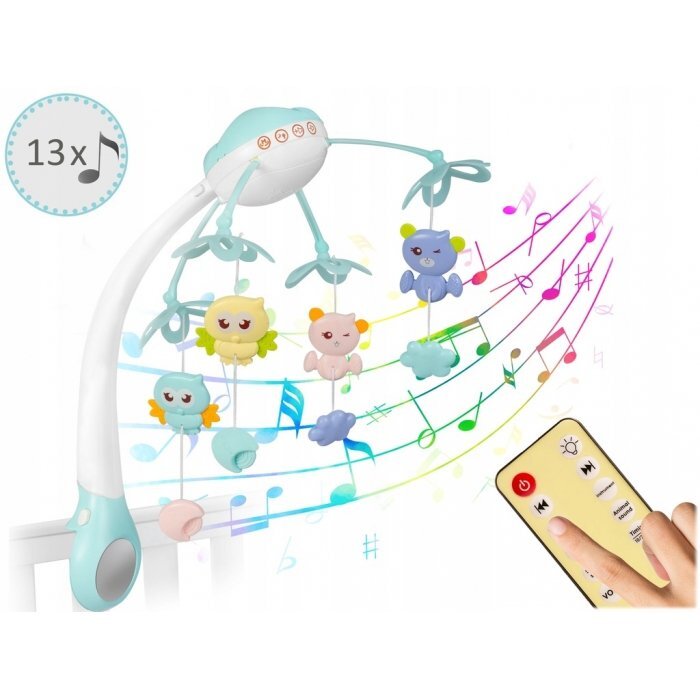 Ricokids Carusel muzical 2in1 pentru bebelusi Albastru cu telecomanda 13 melodii linistitoare cronometru functie proiector si lampa de veghe