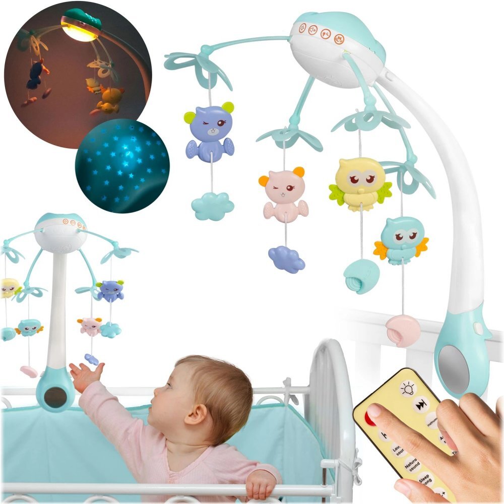 Ricokids Carusel muzical 2in1 pentru bebelusi Albastru cu telecomanda 13 melodii linistitoare cronometru functie proiector si lampa de veghe