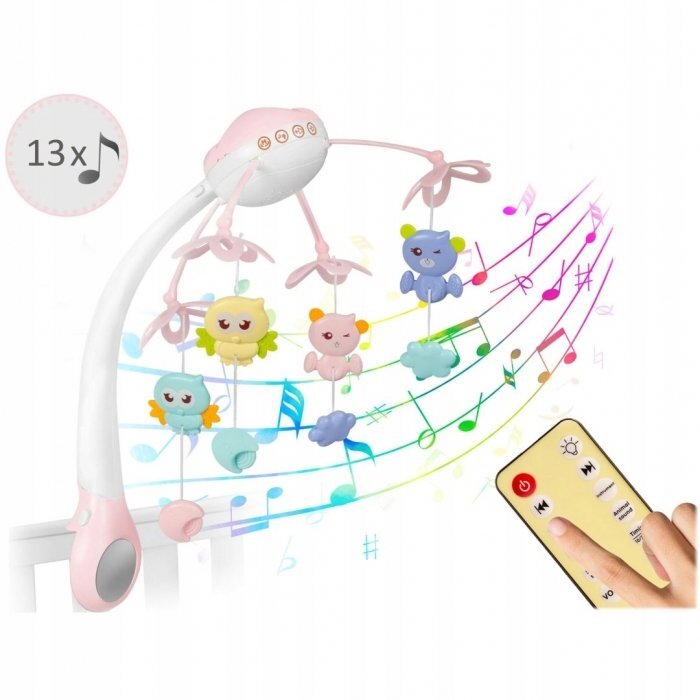 Ricokids Carusel muzical 2in1 pentru bebelusi Roz cu telecomanda 13 melodii linistitoare cronometru functie proiector si lampa de veghe