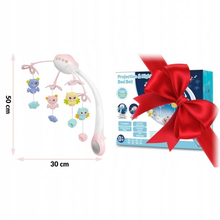 Ricokids Carusel muzical 2in1 pentru bebelusi Roz cu telecomanda 13 melodii linistitoare cronometru functie proiector si lampa de veghe