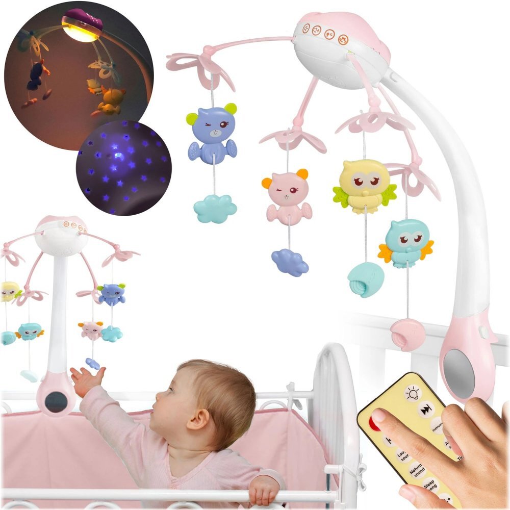 Ricokids Carusel muzical 2in1 pentru bebelusi Roz cu telecomanda 13 melodii linistitoare cronometru functie proiector si lampa de veghe