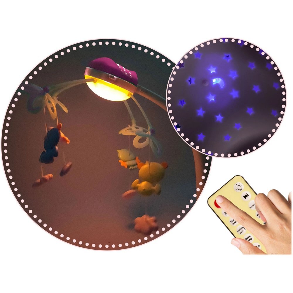 Ricokids Carusel muzical 2in1 pentru bebelusi Roz cu telecomanda 13 melodii linistitoare cronometru functie proiector si lampa de veghe