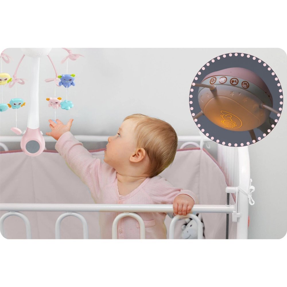 Ricokids Carusel muzical 2in1 pentru bebelusi Roz cu telecomanda 13 melodii linistitoare cronometru functie proiector si lampa de veghe