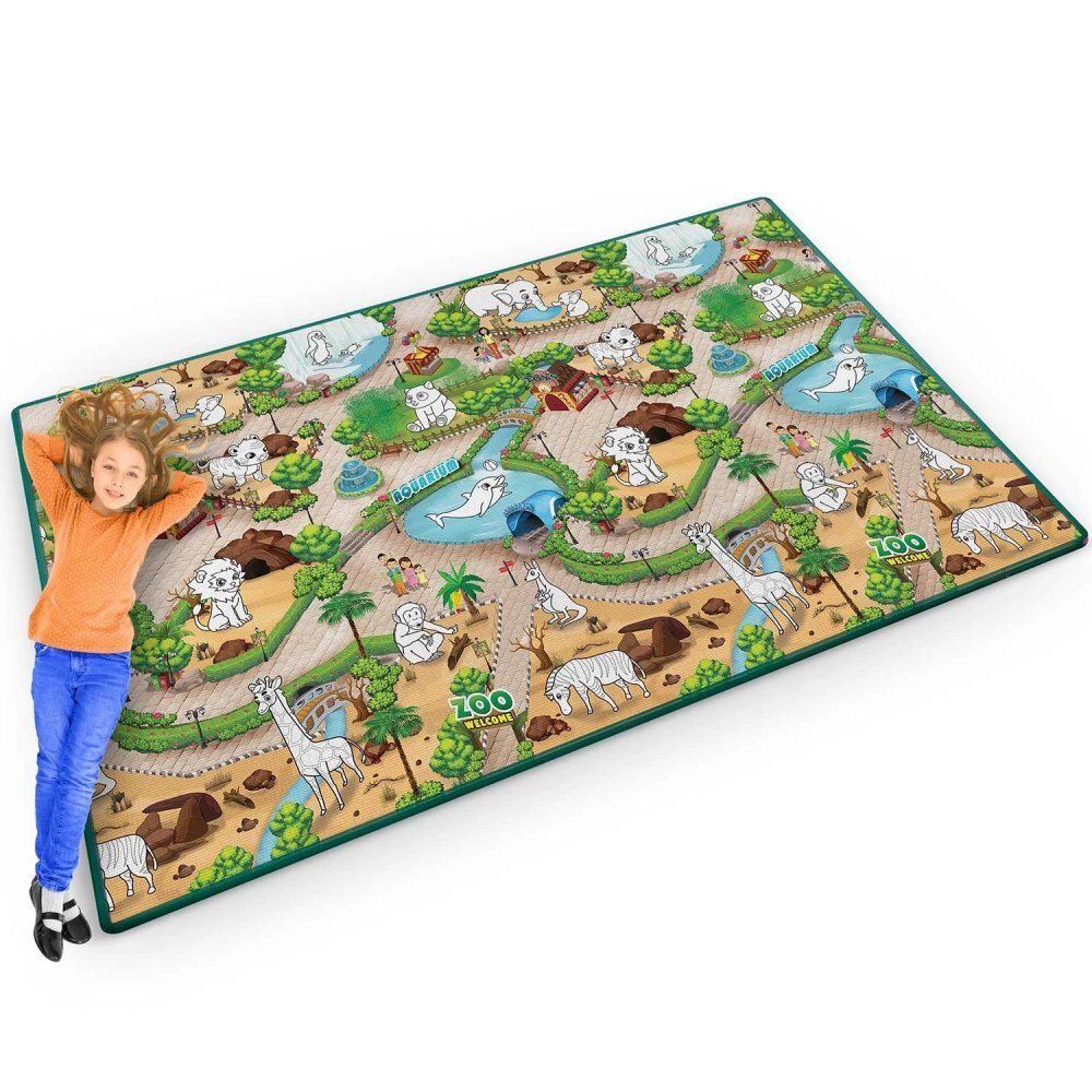 Ricokids Covoras din spuma EVA pentru copiirulabilse poate coloradesene cu marcaj si set markere incluselavabilizolatie termica fata de sol 200x120 cm Zoo