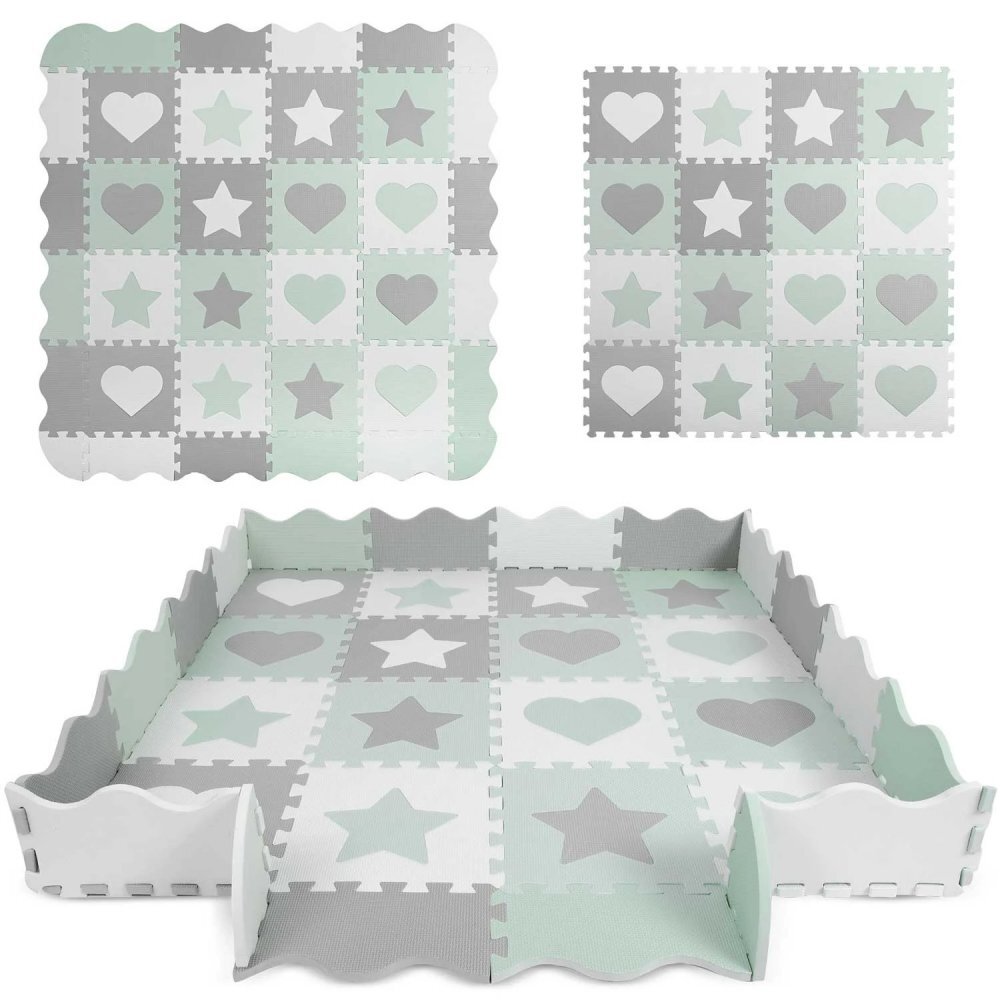 Ricokids Covoras puzzle multifunctional pentru copii 151x151 cm GriMenta din spuma EVA inodora 16 piese cu doua fetetermoizolantantiderapantconstructie in configuratii multiple
