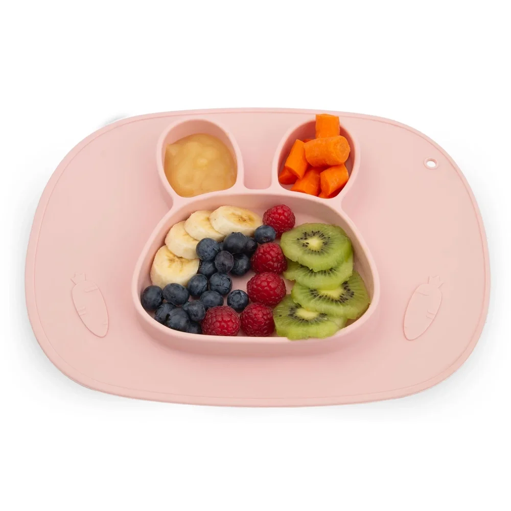 Ricokids Farfurie compartimentata Iepuras Roz cu capac din silicon fara bpapotrivit pentru masina de vase si microunde