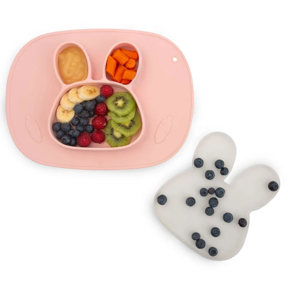 Ricokids Farfurie compartimentata Iepuras Roz cu capac din silicon fara bpapotrivit pentru masina de vase si microunde