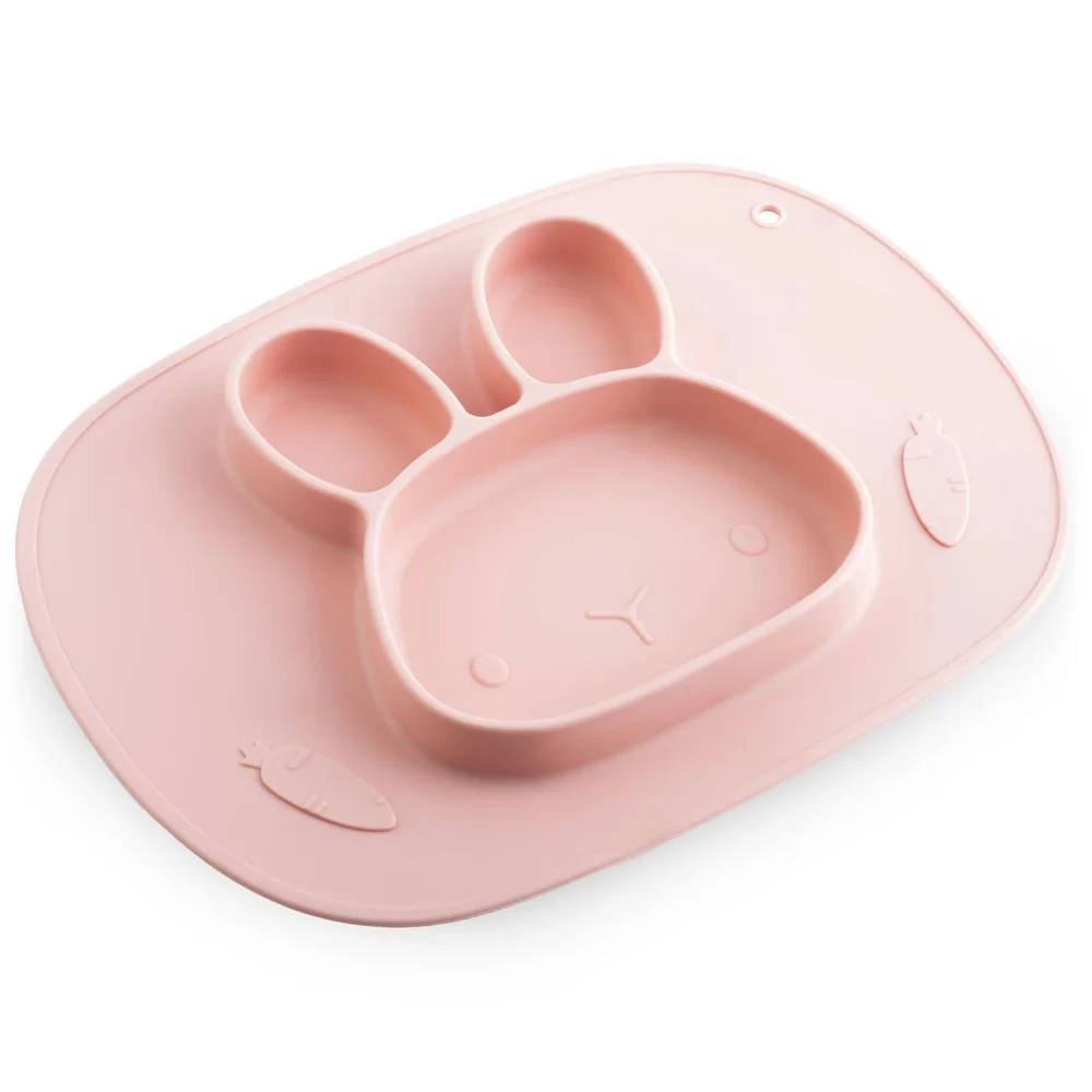 Ricokids Farfurie compartimentata Iepuras Roz cu capac din silicon fara bpapotrivit pentru masina de vase si microunde