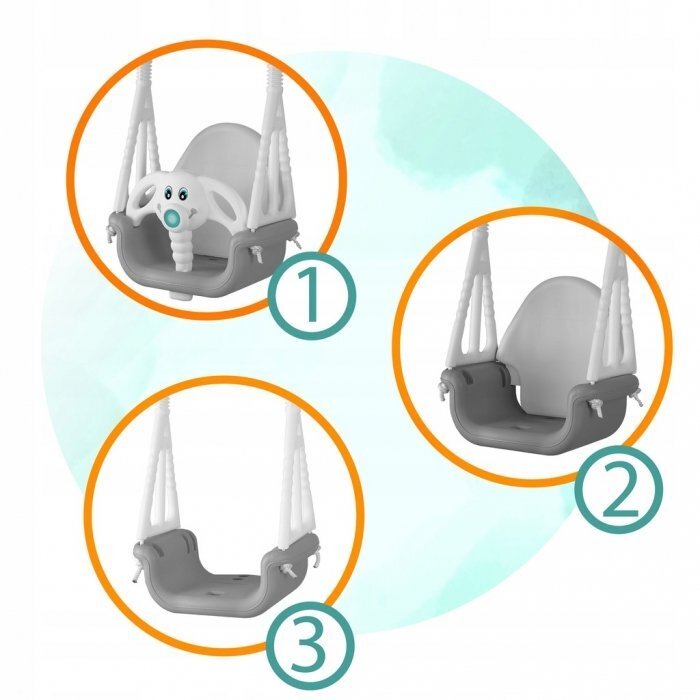 Ricokids Leagan de gradina convertibil 3in1 pentru copii Elefant GriAlb utilizare interiorexterior cu bara de protectie si spatar detasabilefranghii cu dimensiune reglabilasezut ergonomicsarcina maxima 30 kg