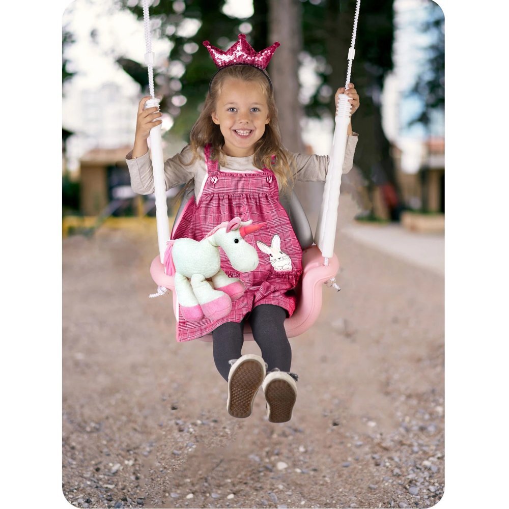 Ricokids Leagan de gradina convertibil 3in1 pentru copii Ursulet RozAlb utilizare interiorexterior cu bara de protectie si spatar detasabilefranghii cu dimensiune reglabilasezut ergonomicsarcina maxima 30 kg