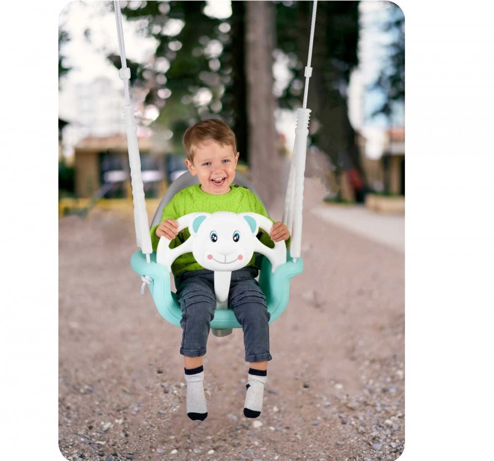 Ricokids Leagan de gradina convertibil 3in1 pentru copii Ursulet TurcoazAlb utilizare interiorexterior cu bara de protectie si spatar detasabilefranghii cu dimensiune reglabilasezut ergonomicsarcina maxima 30 kg