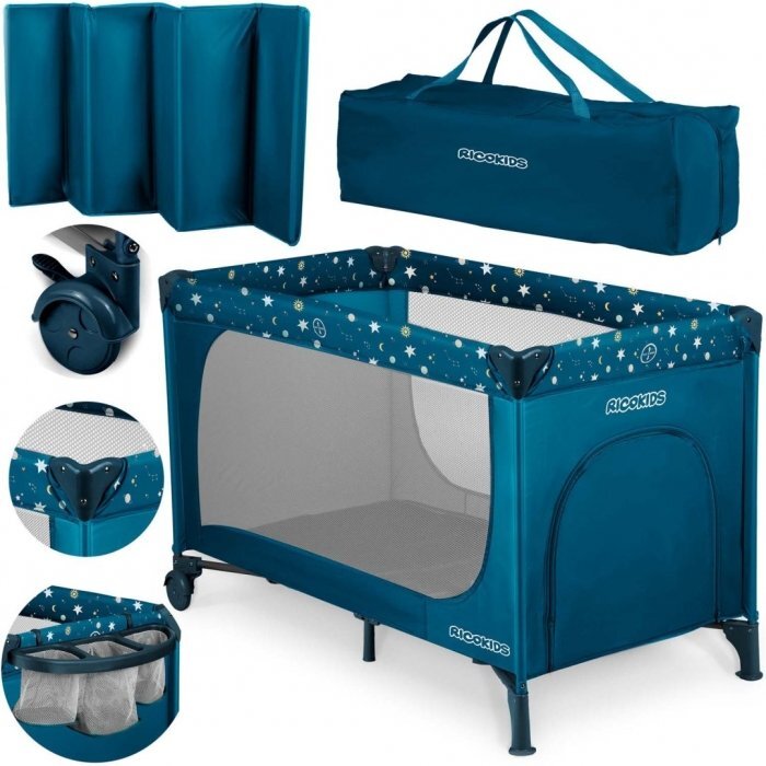 Ricokids Patut pliabil cu un nivel pentru copii pliere compactausa de acces cu fermoarroti cu franehusa transport si saltea pliabila incluse Bleumarin