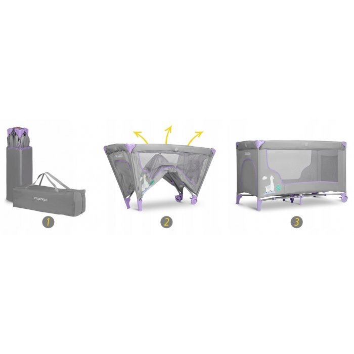 Ricokids Patut pliabil cu un nivel pentru copii pliere compactausa de acces cu fermoarroti cu franehusa transport si saltea pliabila incluse Gri Lavanda