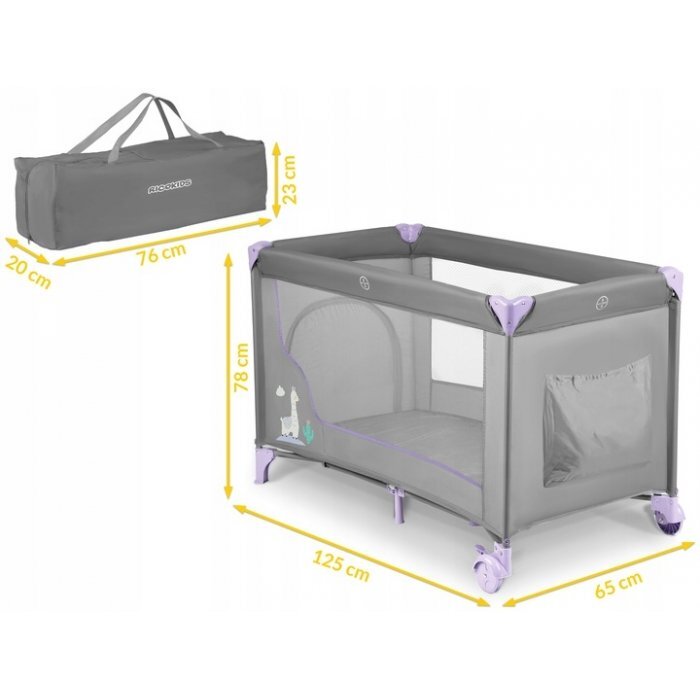 Ricokids Patut pliabil cu un nivel pentru copii pliere compactausa de acces cu fermoarroti cu franehusa transport si saltea pliabila incluse Gri Lavanda