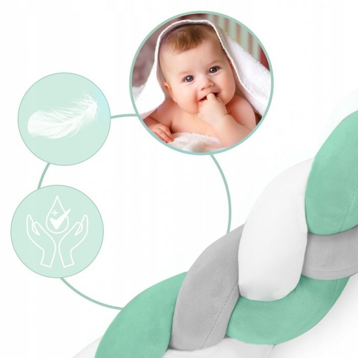 Ricokids Protectie laterala impletita pentru patut copii Trio MintGriAlb 2 metri din material plus cu umplutura antialergicamultifunctionalalavabila
