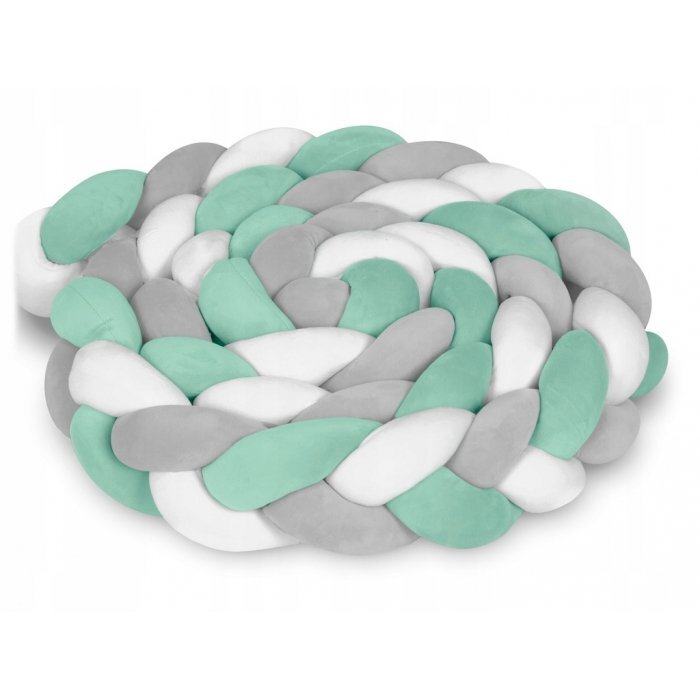 Ricokids Protectie laterala impletita pentru patut copii Trio MintGriAlb 2 metri din material plus cu umplutura antialergicamultifunctionalalavabila