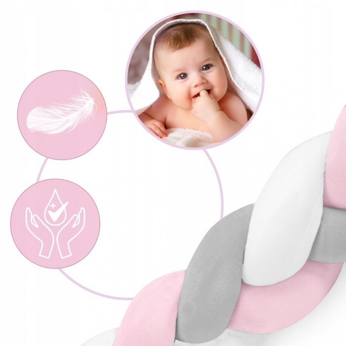 Ricokids Protectie laterala impletita pentru patut copii Trio RozGriAlb 2 metri din material plus cu umplutura antialergicamultifunctionalalavabila