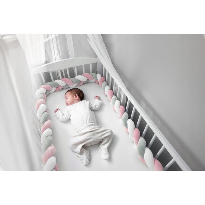 Ricokids Protectie laterala impletita pentru patut copii Trio RozGriAlb 2 metri din material plus cu umplutura antialergicamultifunctionalalavabila
