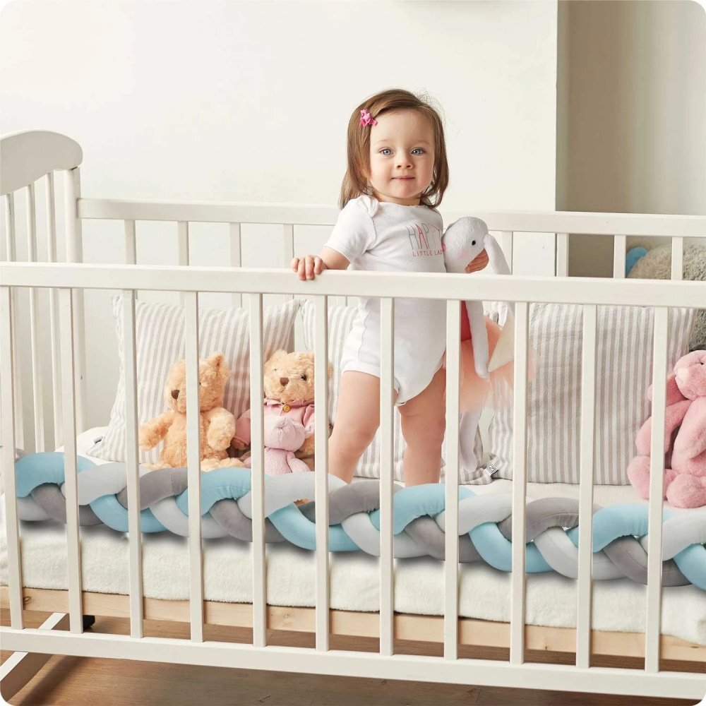 Ricokids Protectie laterala impletita pentru patut cu umplutura antialergica 2metri din plus AlbastruGri