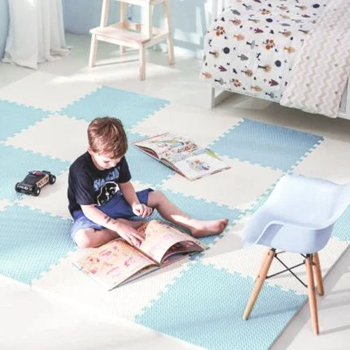 Ricokids Salteluta de joaca 4 piese puzzle pentru copii AlbAlbastru 120x120 din spuma groasa EVA inodoraizolator termic rezistenta la apausor de curatatantiderapanta