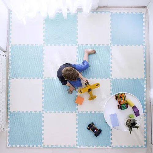 Ricokids Salteluta de joaca 4 piese puzzle pentru copii AlbAlbastru 120x120 din spuma groasa EVA inodoraizolator termic rezistenta la apausor de curatatantiderapanta