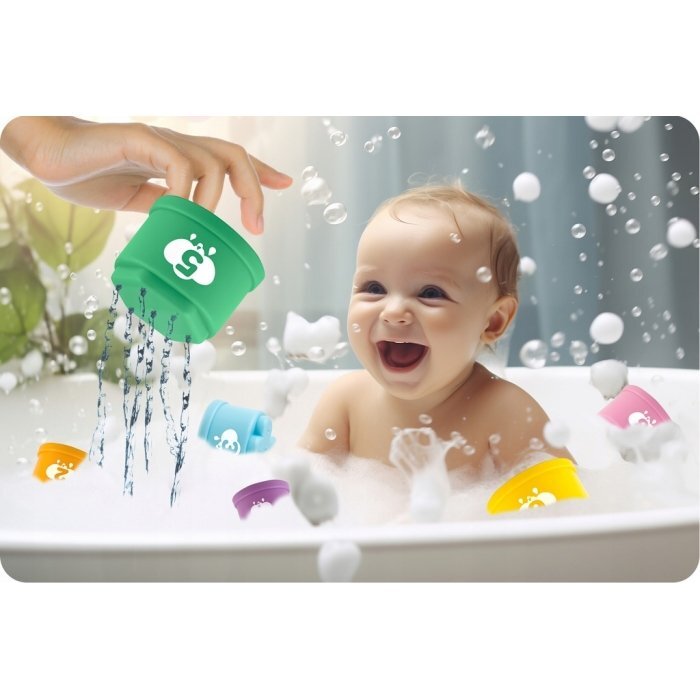 Ricokids Set 10 cupe jucarie pentru baie Bath Toys Pastel multicolor multifunctionale in forma de turn cu cifre de stivuit Inspiratie Montessori