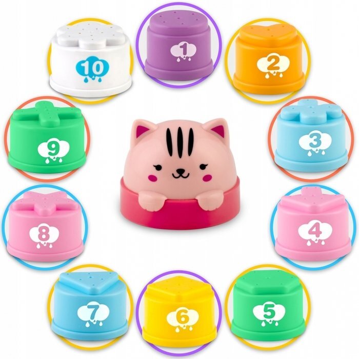 Ricokids Set 10 cupe jucarie pentru baie Bath Toys Pastel multicolor multifunctionale in forma de turn cu cifre de stivuit Inspiratie Montessori