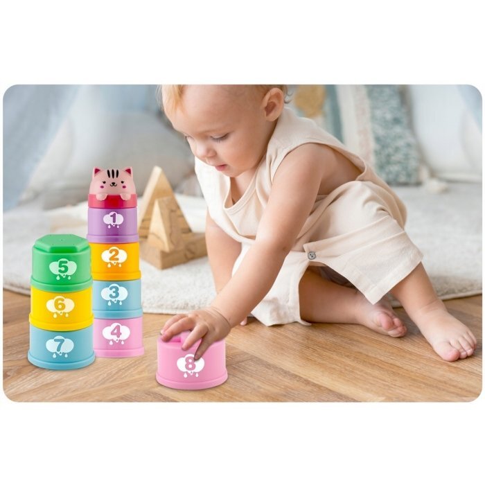 Ricokids Set 10 cupe jucarie pentru baie Bath Toys Pastel multicolor multifunctionale in forma de turn cu cifre de stivuit Inspiratie Montessori
