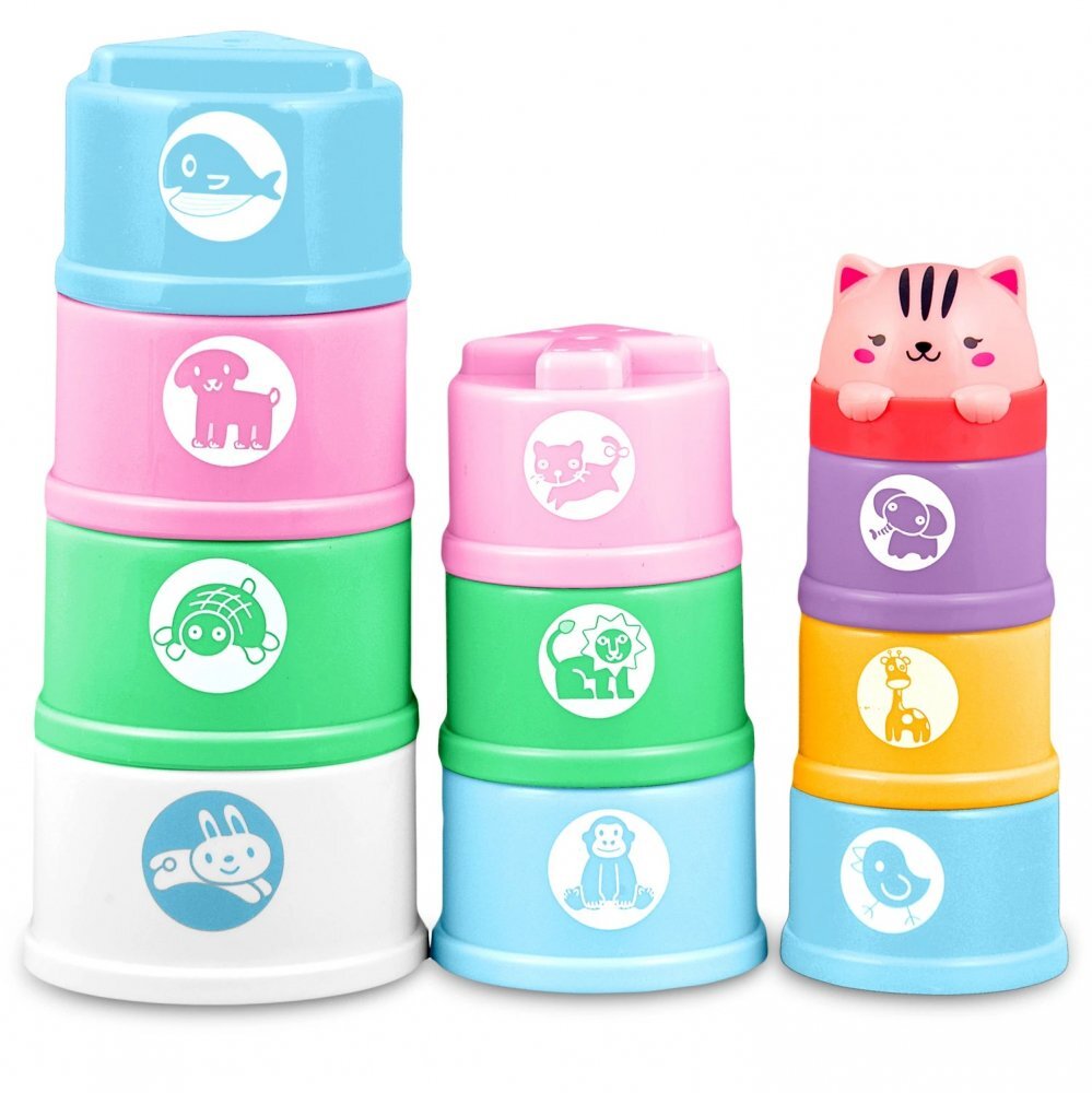 Ricokids Set 10 cupe jucarie pentru baie Bath Toys Pastel multicolor multifunctionale in forma de turn cu cifre de stivuit Inspiratie Montessori