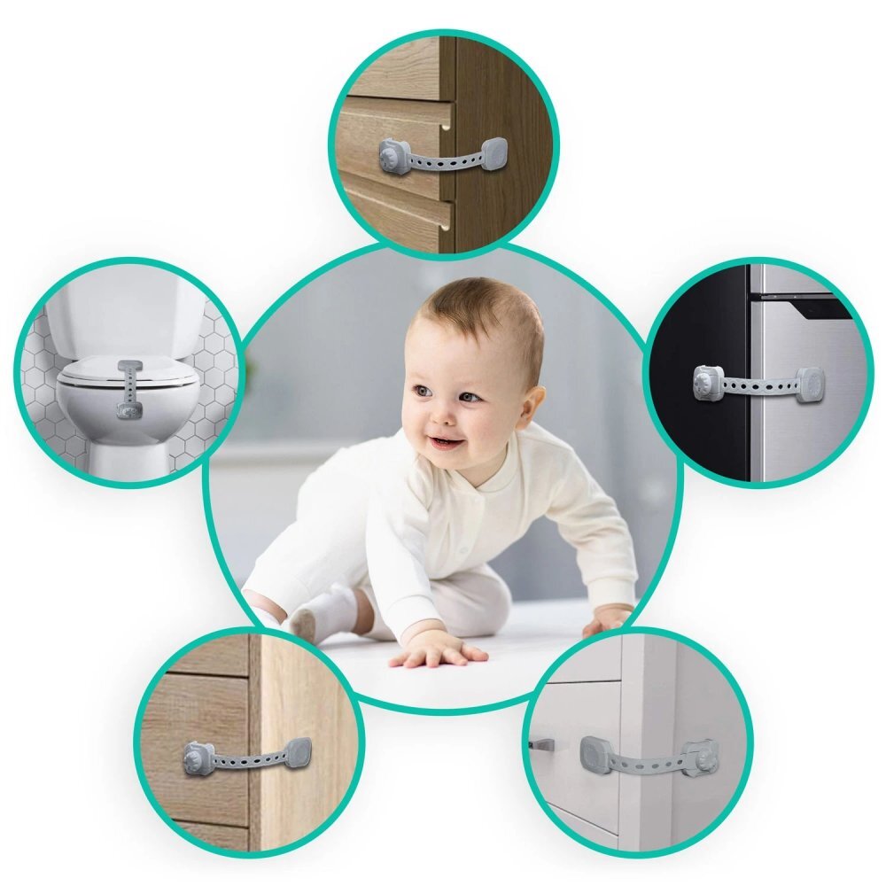 Ricokids Set 6 sigurante mobilier pentru copii Gri multifunctionale utilizare multipla instalare cu adeziv 3M 21.8x7.3 cm