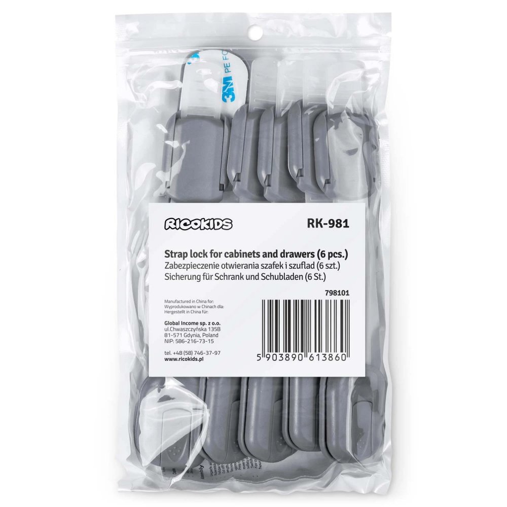 Ricokids Set 6 sigurante pentru copii Gri multifunctionale utilizare multipla instalare cu adeziv 3M 19x3.4 cm