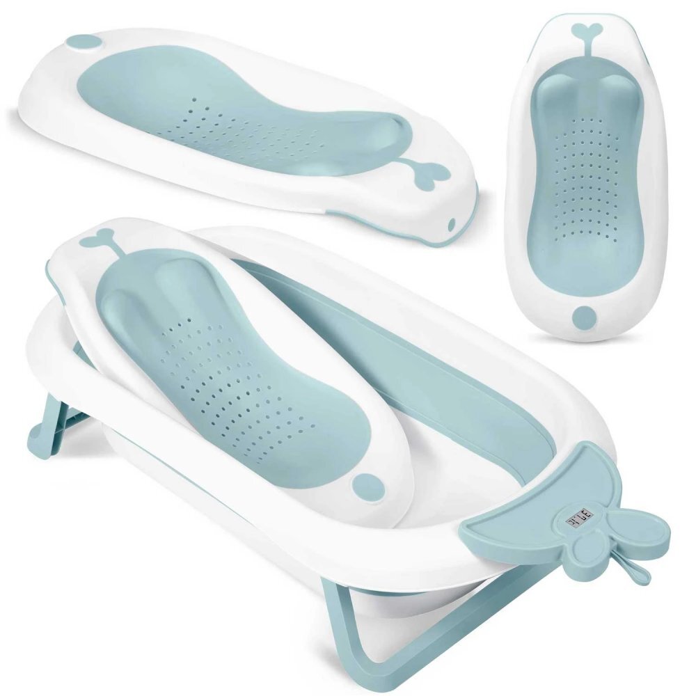 Ricokids Set cadita pliabila cu suport anatomic si termometru digital inclus Butterfly Blue