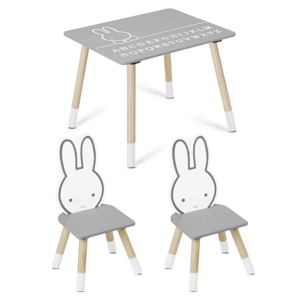 Ricokids Set masuta si 2 scaunele cu spatar pentru copii din lemn si MDF BunnyCalitate premiumAsamblare usoara Masuta cu alfabetdimensiune masuta 60x60x47cmutilizare pentru temeactivitati la gradinitaafter schoolacasa