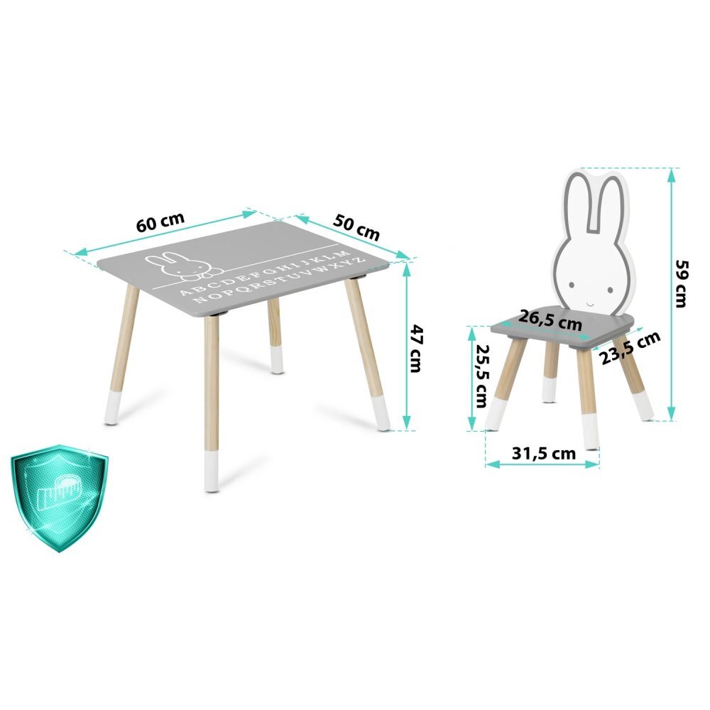Ricokids Set masuta si 2 scaunele cu spatar pentru copii din lemn si MDF BunnyCalitate premiumAsamblare usoara Masuta cu alfabetdimensiune masuta 60x60x47cmutilizare pentru temeactivitati la gradinitaafter schoolacasa