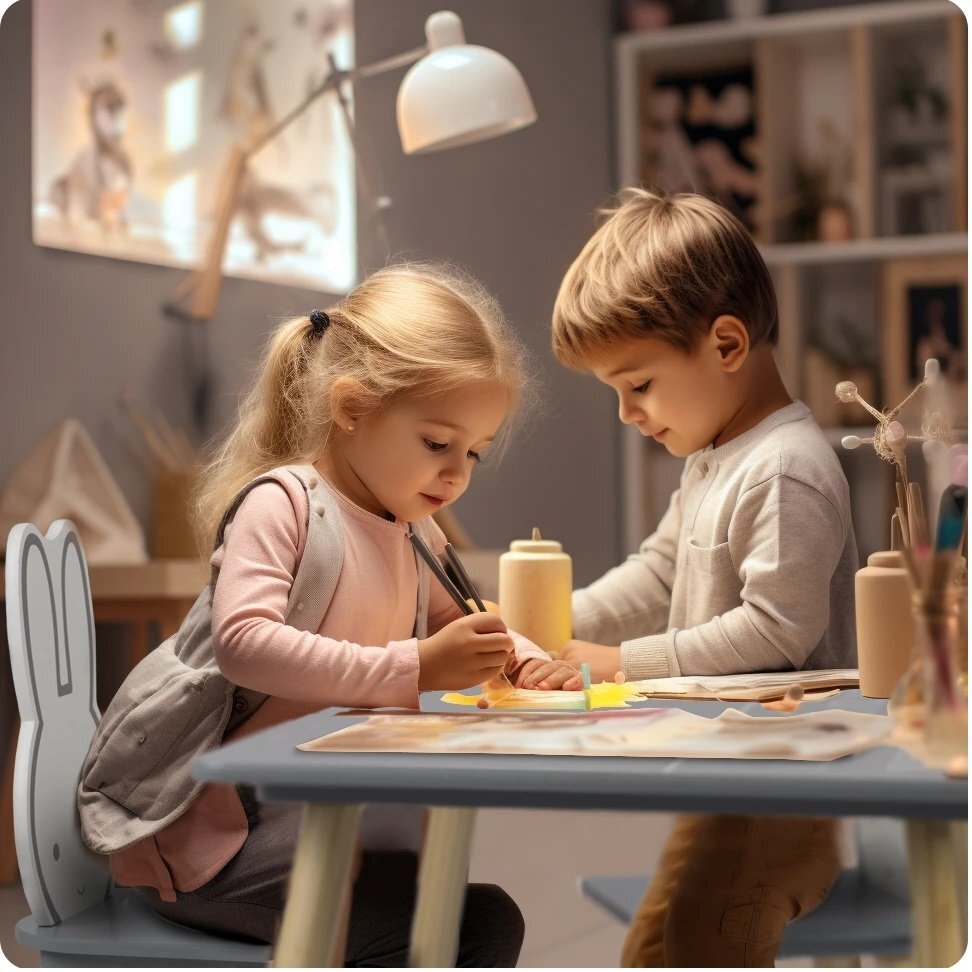Ricokids Set masuta si 2 scaunele cu spatar pentru copii din lemn si MDF BunnyCalitate premiumAsamblare usoara Masuta cu alfabetdimensiune masuta 60x60x47cmutilizare pentru temeactivitati la gradinitaafter schoolacasa