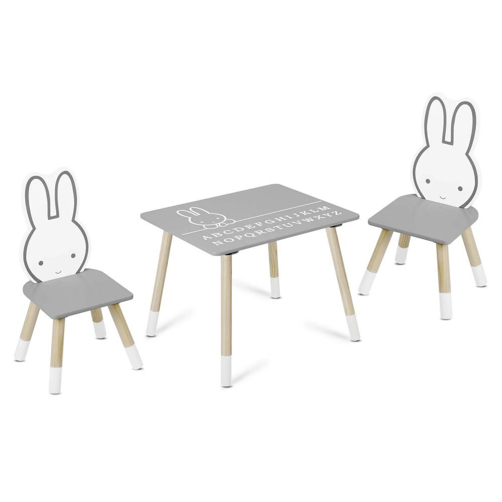Ricokids Set masuta si 2 scaunele cu spatar pentru copii din lemn si MDF BunnyCalitate premiumAsamblare usoara Masuta cu alfabetdimensiune masuta 60x60x47cmutilizare pentru temeactivitati la gradinitaafter schoolacasa