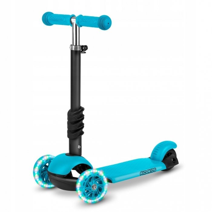 Ricokids Trotineta 3 in 1 pentru copii Buggy Albastru cu scaunel reglabilinaltime ghidon reglabilaroti cu lumini LEDplatforma antiderapantacadru din aluminiumanere ergonomice si cosulet pentru accesorii