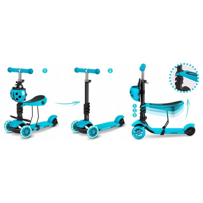Ricokids Trotineta 3 in 1 pentru copii Buggy Albastru cu scaunel reglabilinaltime ghidon reglabilaroti cu lumini LEDplatforma antiderapantacadru din aluminiumanere ergonomice si cosulet pentru accesorii