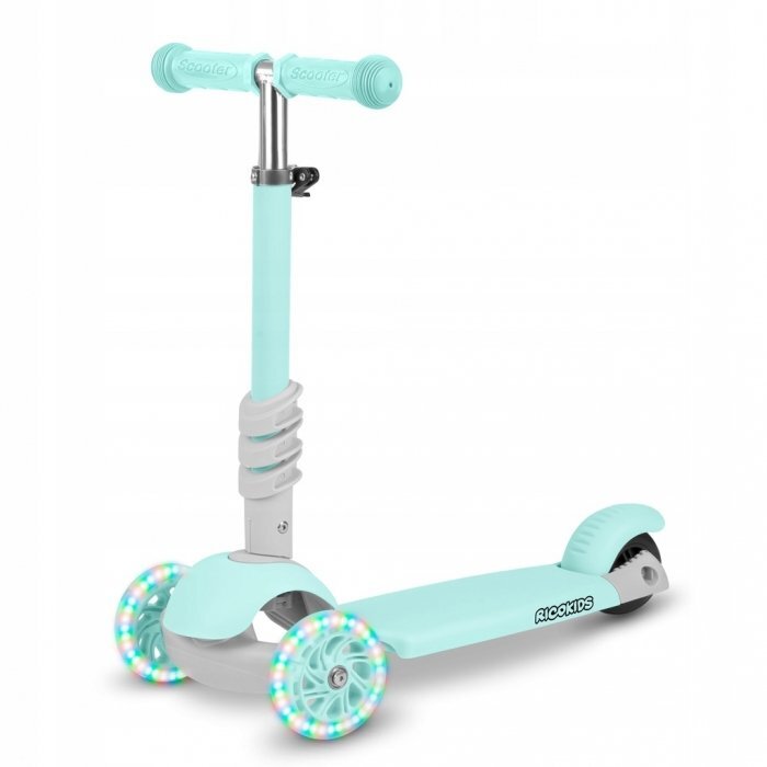Ricokids Trotineta 3 in 1 pentru copii Buggy Mint cu scaunel reglabilinaltime ghidon reglabilaroti cu lumini LEDplatforma antiderapantacadru din aluminiumanere ergonomice si cosulet pentru accesorii