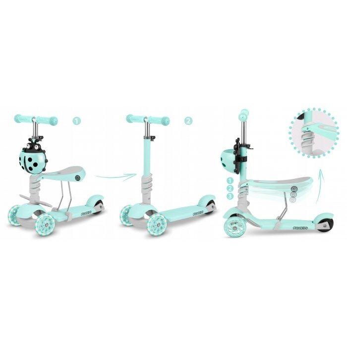 Ricokids Trotineta 3 in 1 pentru copii Buggy Mint cu scaunel reglabilinaltime ghidon reglabilaroti cu lumini LEDplatforma antiderapantacadru din aluminiumanere ergonomice si cosulet pentru accesorii